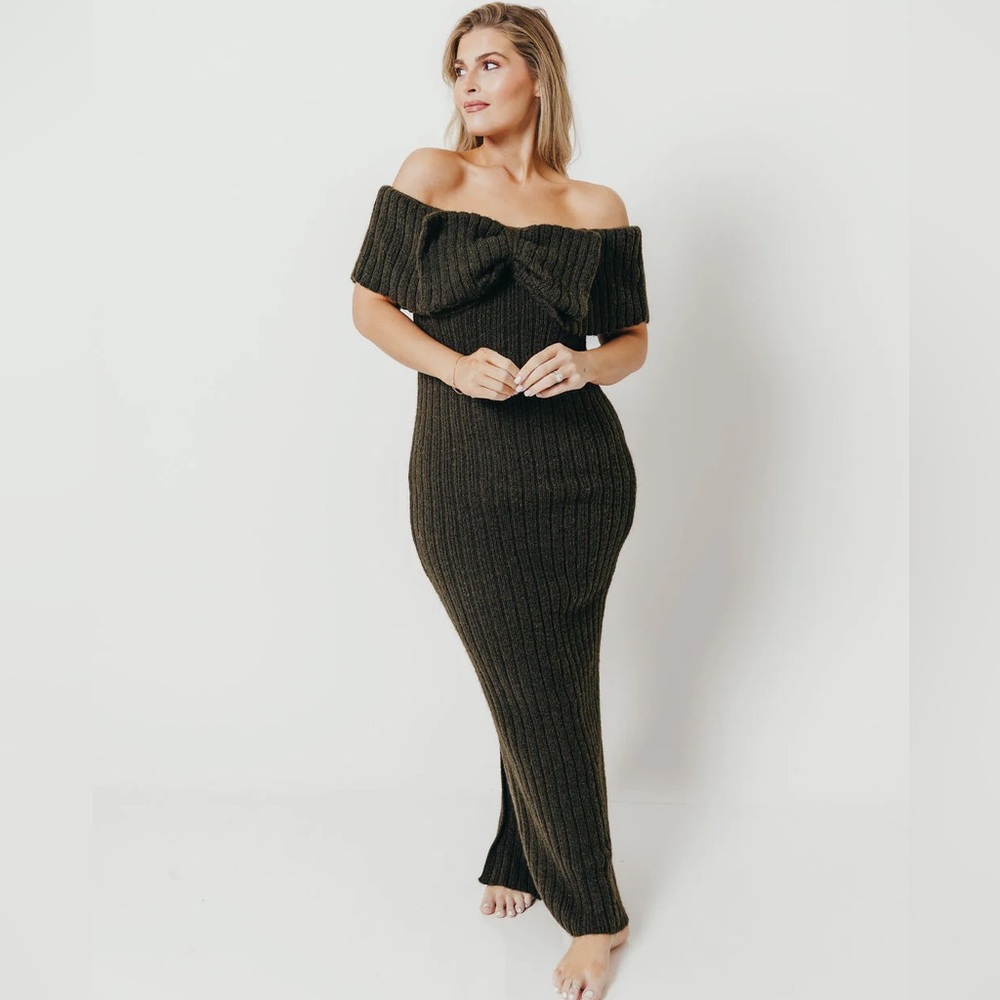 Worth Collective Aston Bow Front Maxi Sweater Dress in Dark Green
